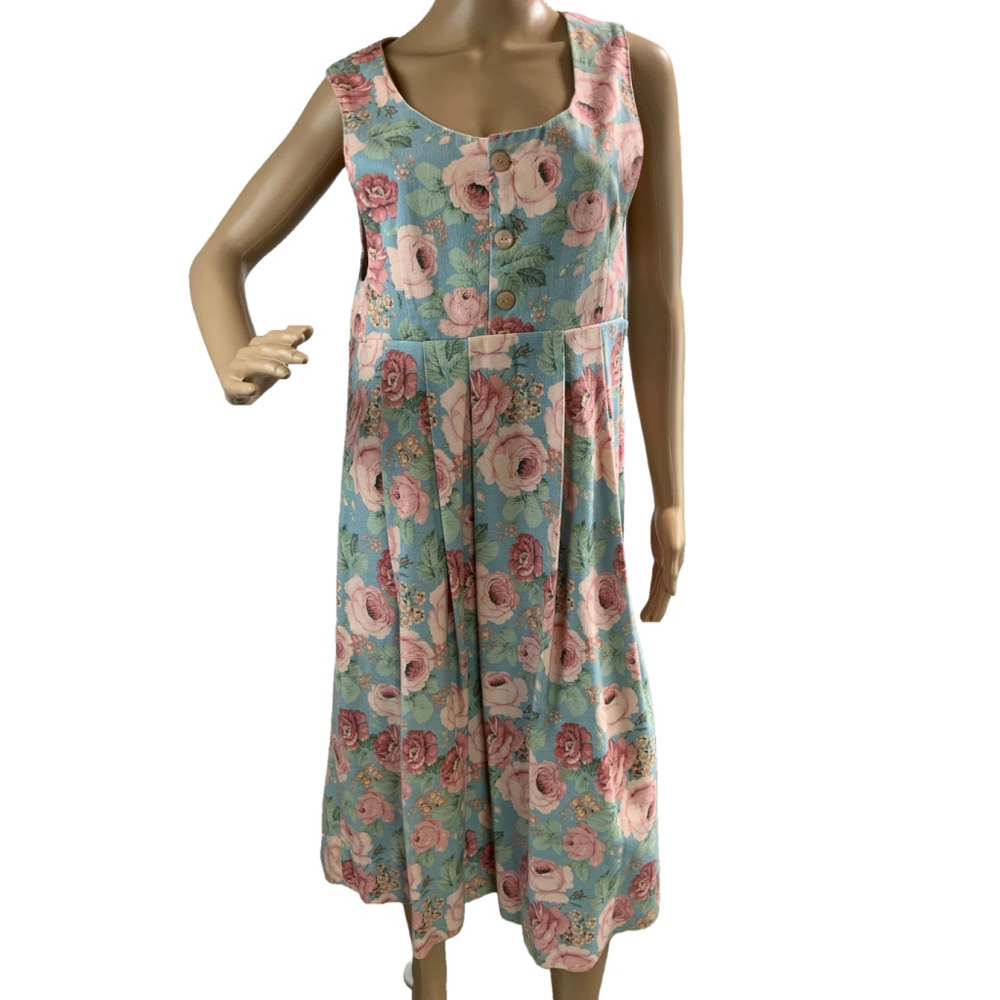 Women's Handmade Floral Dress Size Med Blue Pink Sleeveless Peasant Cottagecore